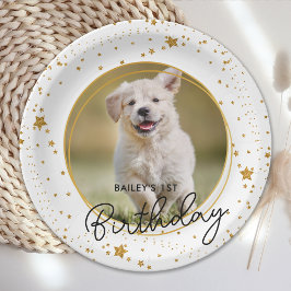 Prato De Papel Foto de Pet Personalizada Dourada Glitter Stars Ca
