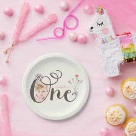 Prato De Papel Foto de primeiro aniversario Whimsical One Pink Ba