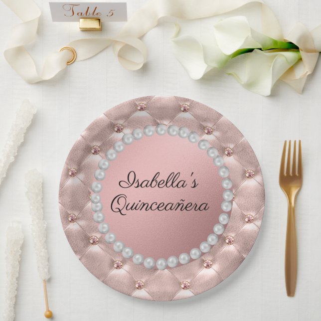 Prato De Papel Foto de Quinceañera com Pérolas Brancas e Dourado  (Casamento)