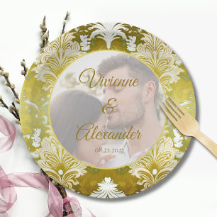 Prato De Papel Foto do Casamento tema damasco Verde RetroDourado