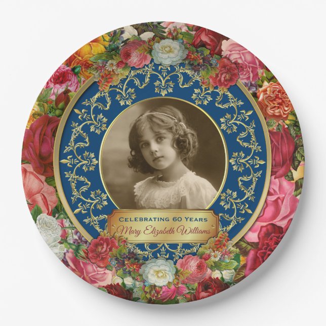 Prato De Papel Foto Dourada Garganta Rosas Comemorativos do Azul  (Frente)