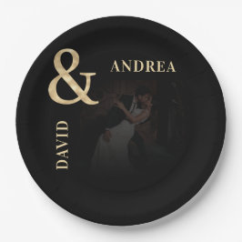 Prato De Papel Foto Escura e Casamento Preto de Ampersand Dourado