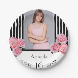 Prato De Papel Foto floral de listras brancas pretas de 16 anos