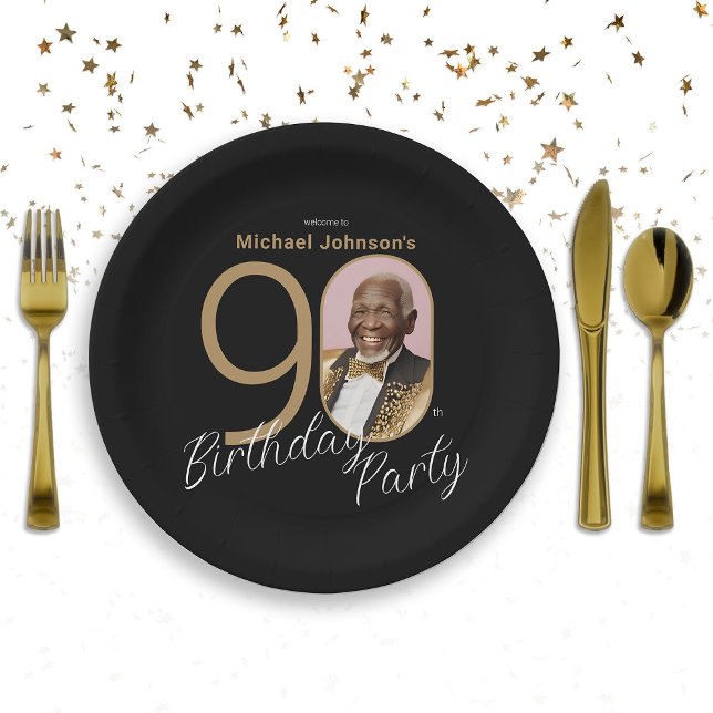 Prato De Papel Foto personalizada Dourada de Aniversário preto El (Elegant 90th Birthday Black Gold Custom Photo Paper Plates)