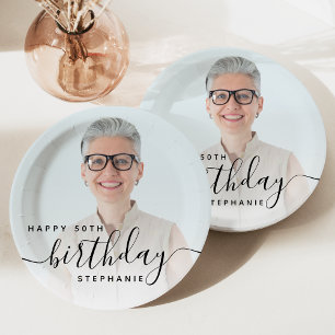 Prato De Papel Foto Personalizada Script Preto Aniversário de 50 