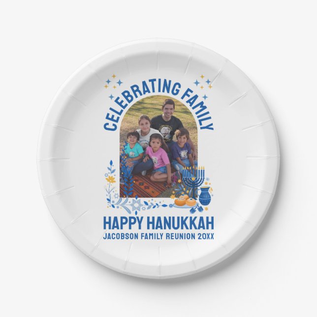 Prato De Papel Foto personalizável de REUNIÃO DA FAMÍLIA HANUKKAH (Frente)