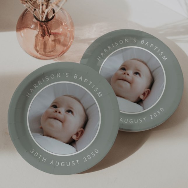 Prato De Papel Foto Redonda de Batismo Sage (Zazzle Baptism Round Photo Sage Paper Plates)