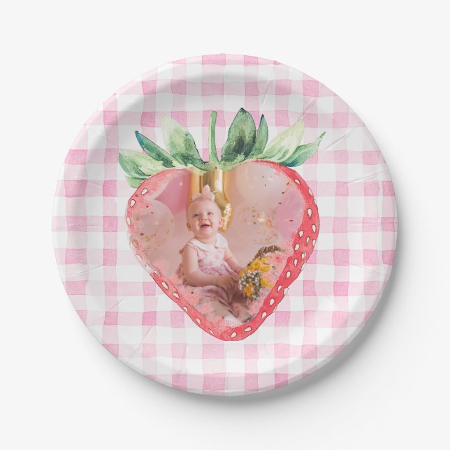 Prato De Papel Foto Rosa Rosa Gingham, Cute Strawberry Berry Brit (Frente)
