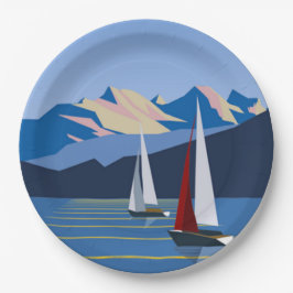 Prato De Papel Fotografia de veleiros e montanhas