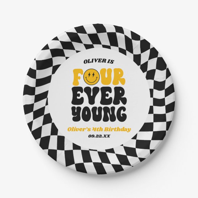 Prato De Papel Four Ever Young Retro Fourth 4th Birthday Party (Frente)