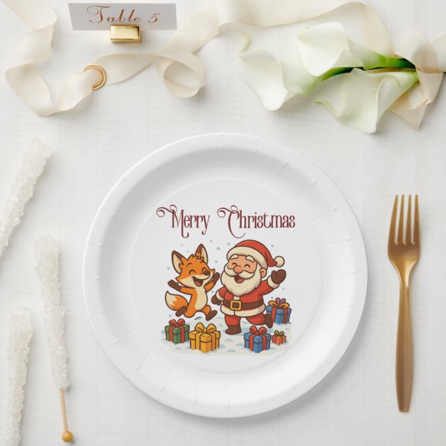 Prato De Papel Fox and Santa Christmas Paper Plate (Casamento)