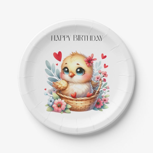 Prato De Papel Frango de aniversário fofo. (Frente)