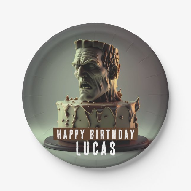 Prato De Papel Frankenstein Head Birthday Chocolate - (Frente)