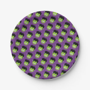Prato De Papel Frankenstein Head Halloween Green Purple Patterno