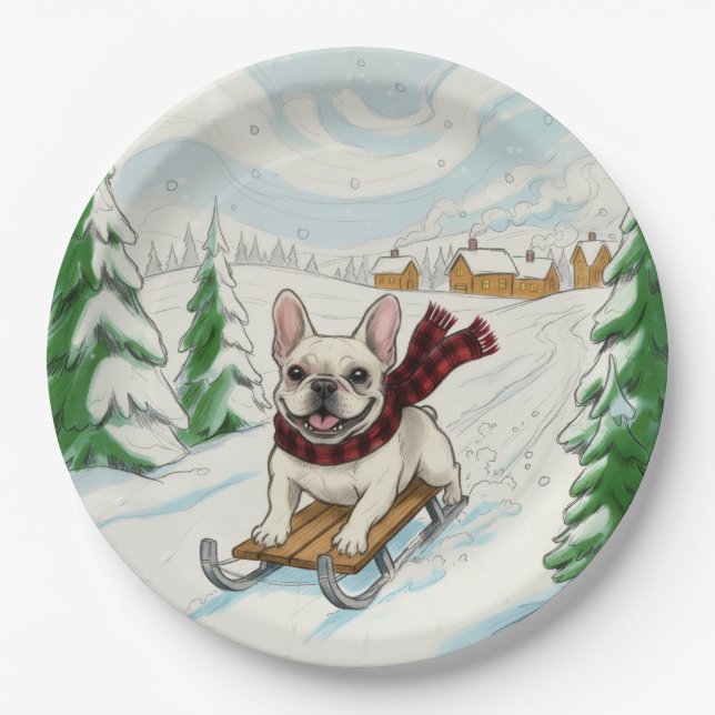 Prato De Papel French Bulldog Sledding, Paper Plates (Frente)