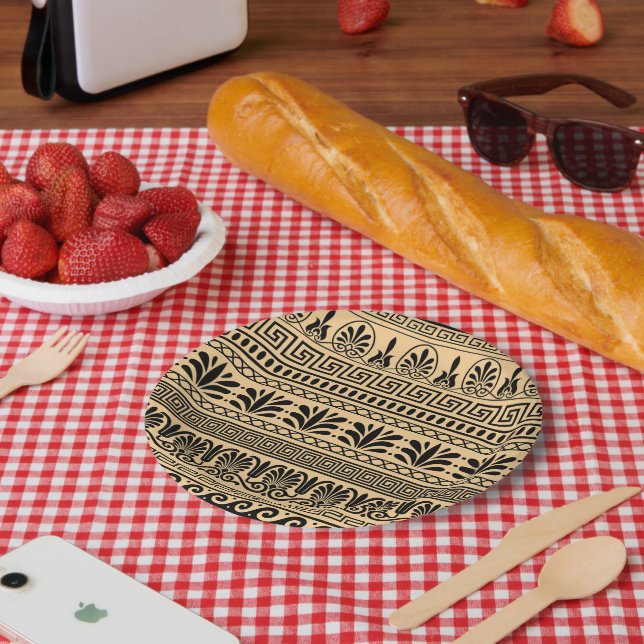 Prato De Papel Frete Grego, Padrão Mediterrânico, Castanho (Piquenique)