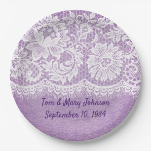 Prato De Papel Fringas Brancas do Aniversário em Roxo