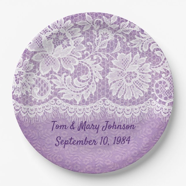 Prato De Papel Fringas Brancas do Aniversário em Roxo (Frente)