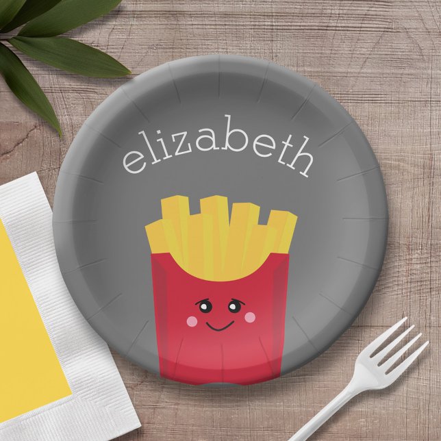 Prato De Papel Fritas Francesas Cute Kawaii com Nome Personalizad (Personalized party plate with area for name - french fries)
