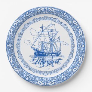 Prato De Papel Fronteira decorativa de navio azul real antiga da