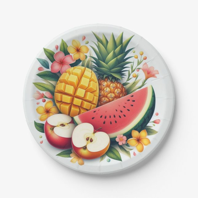 Prato De Papel "Fruity Fiesta: Placas de papel com fatia de Fruta (Frente)