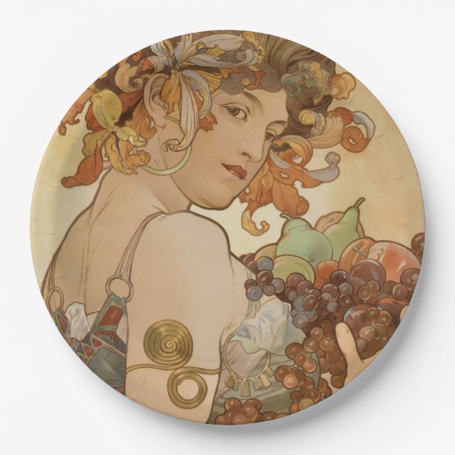 Prato De Papel Fruta (Art Nouveau) (Retrato feminino) (Frutas) (Frente)
