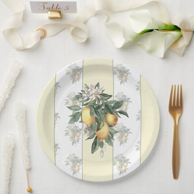 Prato De Papel Fruta de limão | Amarelo e branco estriado (Casamento)