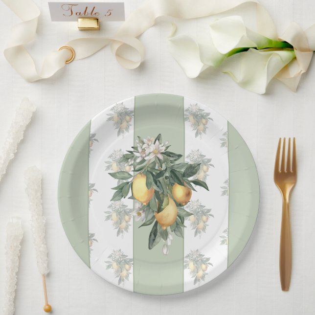 Prato De Papel Fruta de limão | Verde e branco riscado (Casamento)