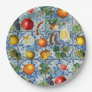 Prato De Papel Fruta de Verão do Mediterrâneo e Mosaico Branco Az