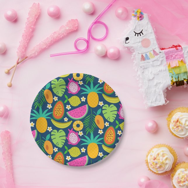 Prato De Papel Frutas de melancia de banana e abacaxi tropicais (Festa)