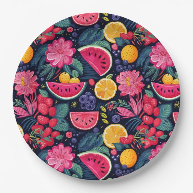 Prato De Papel Frutas e flores tropicais (Frente)