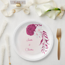 Prato De Papel fuchsia e casamento floral branco