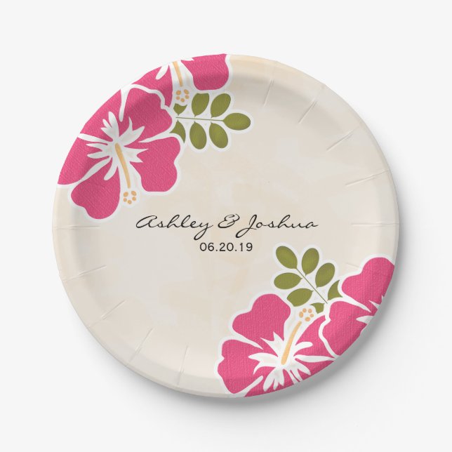 Prato De Papel Fuchsia Hibiscus Hawaiian Wedding (Frente)