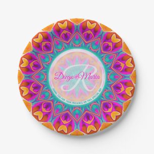 Prato De Papel Fuchsia Pink Aqua Orange Party Mandala Monograma