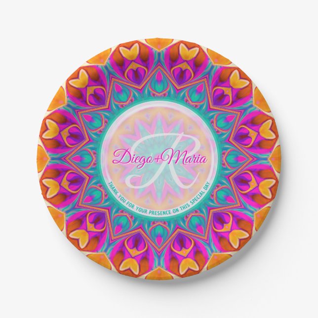 Prato De Papel Fuchsia Pink Aqua Orange Party Mandala Monograma (Frente)
