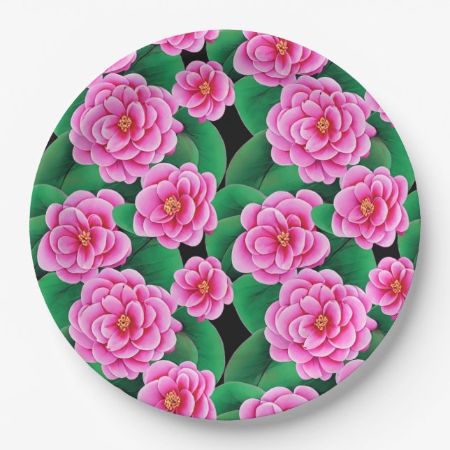 Prato De Papel Fuchsia Pink Camellias e Jade Green Folhas (Frente)