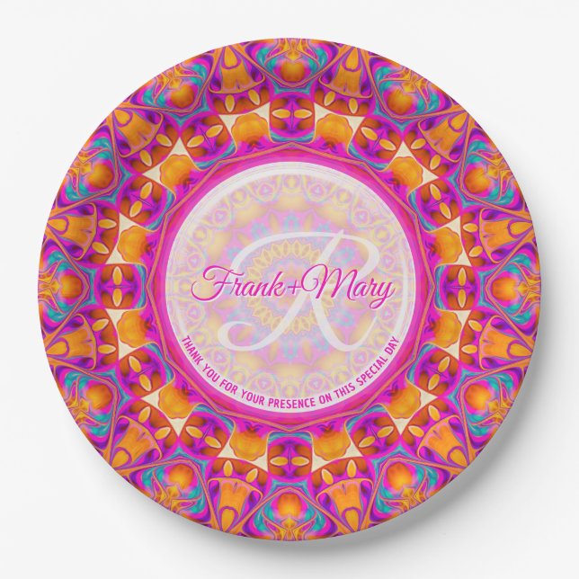 Prato De Papel Fuchsia Pink Orange Party Mandala Monograma (Frente)