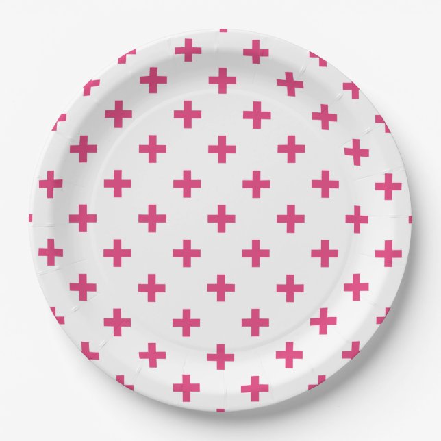Prato De Papel Fuchsia polka cruza em branco (Frente)