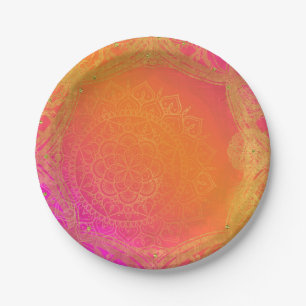 Prato De Papel Fúcsia Rosa Laranja e Dourado Mandala Festa Indian
