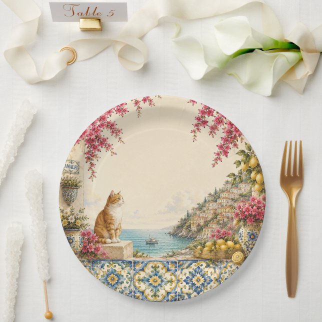 Prato De Papel Fuga Mediterrânea Gato | Decoração de Festa à Beir (Casamento)