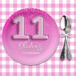 Prato De Papel Fun 11th Birthday Girl Pink Number Balloon