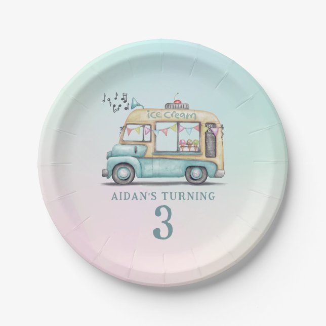 Prato De Papel Fun Summer Ice Cream Truck Birthday Party Plate (Frente)