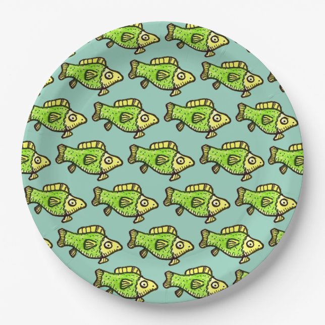 Prato De Papel Funny Cartoon Green Fish Drawing (Frente)