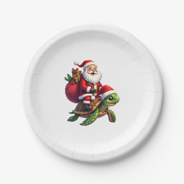 Prato De Papel Funny Turtle Christmas Santa Riding Sea Turtle Xma (Frente)