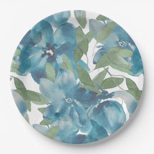 Prato De Papel Fusão Floral Azul Aquarela Pintada à Mão