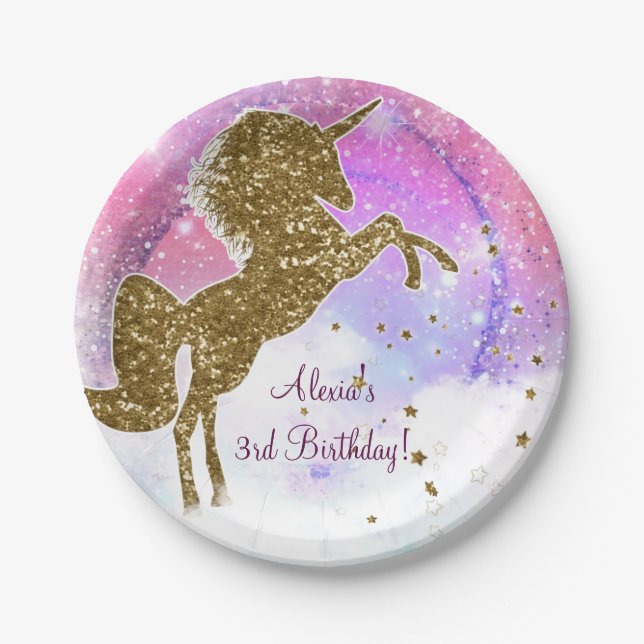 Prato De Papel Galáxia Rosa Magical Unicorn Sparkle Festa de aniv (Frente)