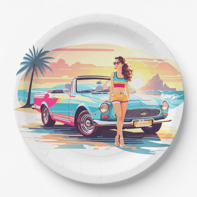 Prato De Papel Garota com carro e natureza dos sonhos (Frente)