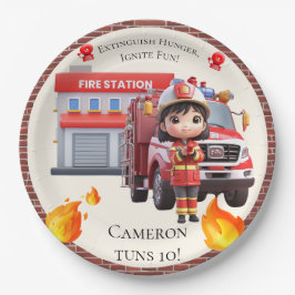 Prato De Papel Garota de Bombeiros de Kawaii e Caminhão de Fogo