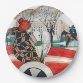 Prato De Papel Garota e Cachorro num Automóvel Vermelho