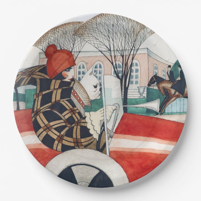 Prato De Papel Garota e Cachorro num Automóvel Vermelho (Frente)